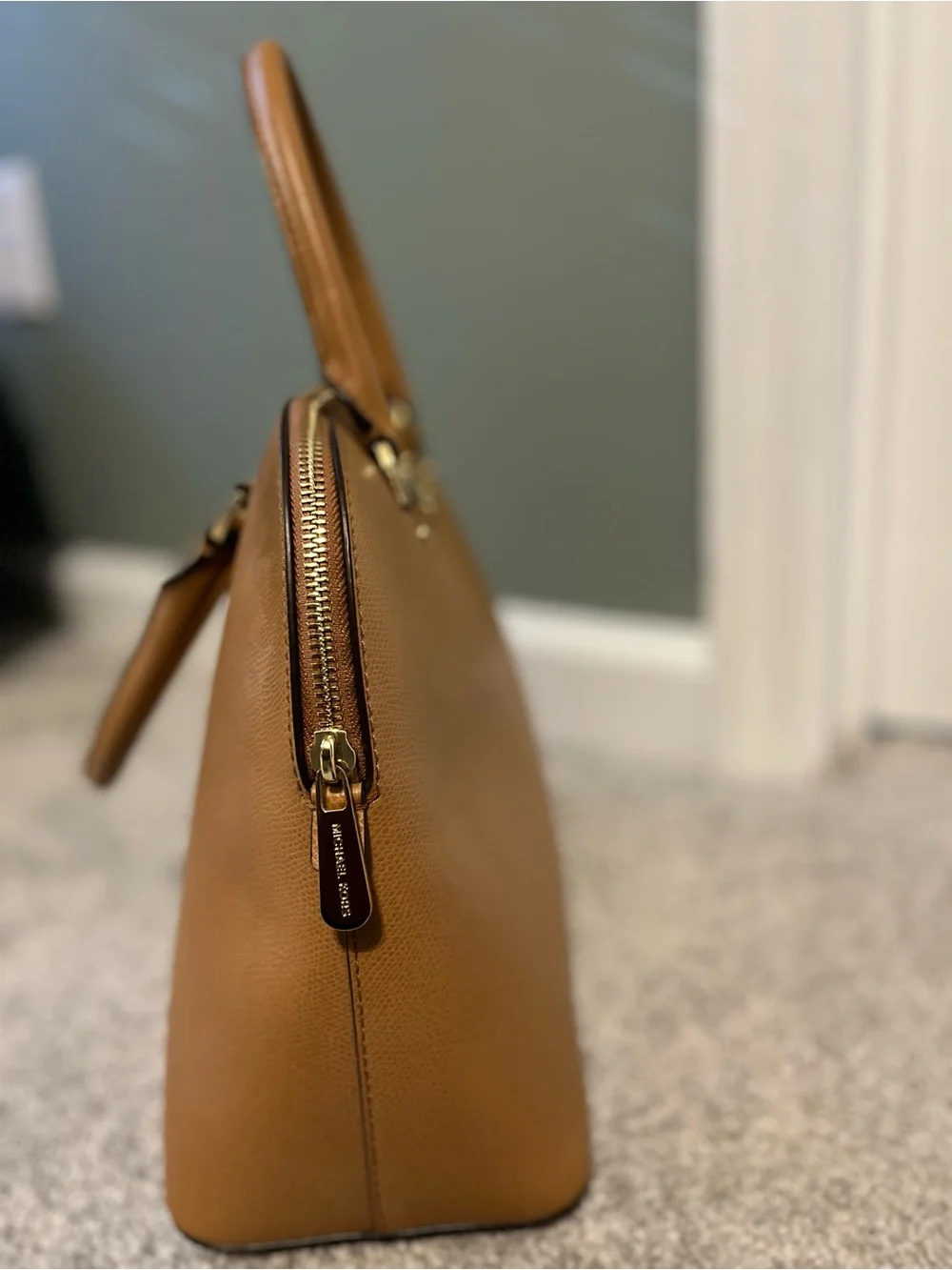 Michael Kors Cognac Pebbled Leather Dome Satchel with Gold Plaque